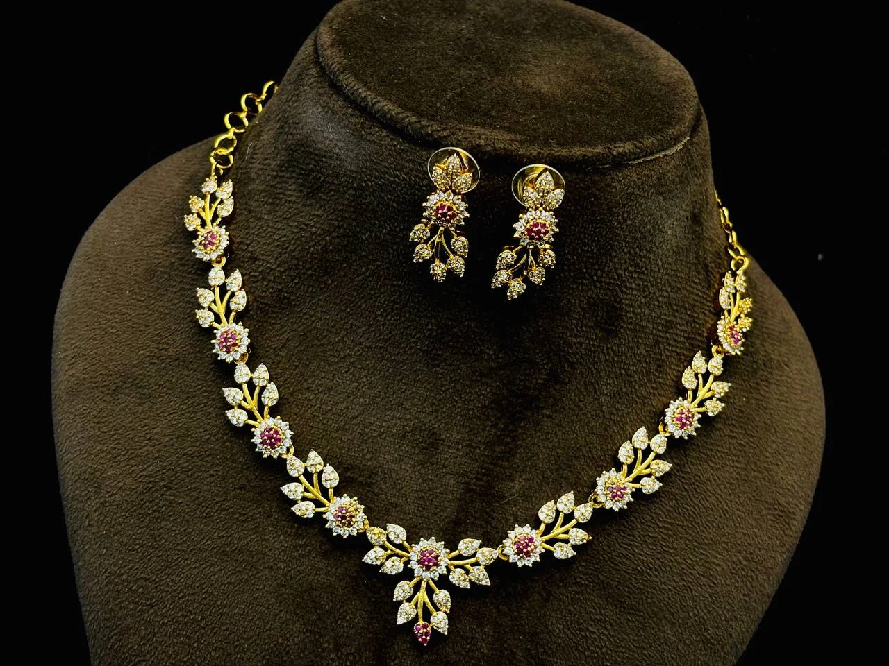 Unique Matte Floral Necklace Set With Earrings – Ruby & White Zircon Stones