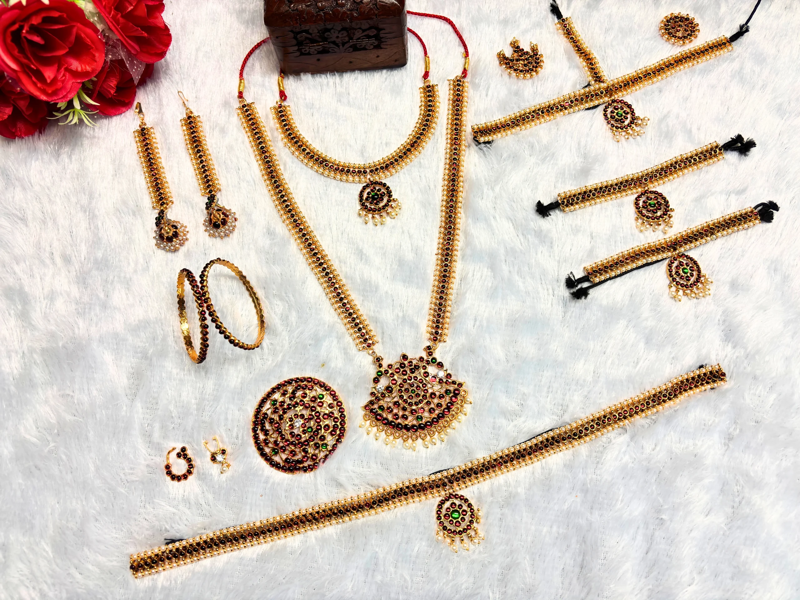 Kasim Jewellers Multicolour Complete Set Bharatanatyam Jewellery with All The 10 Separate Ornaments Made with Green and Red KempStones for Women -SKU-KJ701BDJ