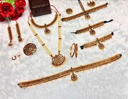 Kasim Jewellers Multicolour Complete Set Bharatanatyam Jewellery with All The 10 Separate Ornaments Made with Green and Red KempStones for Women -SKU-KJ702BDJ