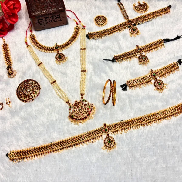 Kasim Jewellers Multicolour Complete Set Bharatanatyam Jewellery with All The 10 Separate Ornaments Made with Green and Red KempStones for Women -SKU-KJ702BDJ