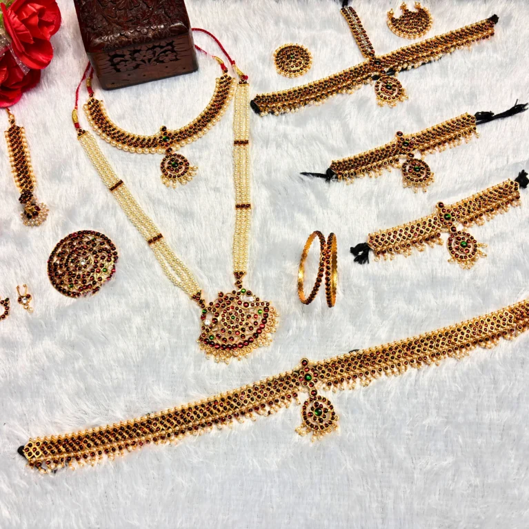 Kasim Jewellers Multicolour Complete Set Bharatanatyam Jewellery with All The 10 Separate Ornaments Made with Green and Red KempStones for Women -SKU-KJ702BDJ