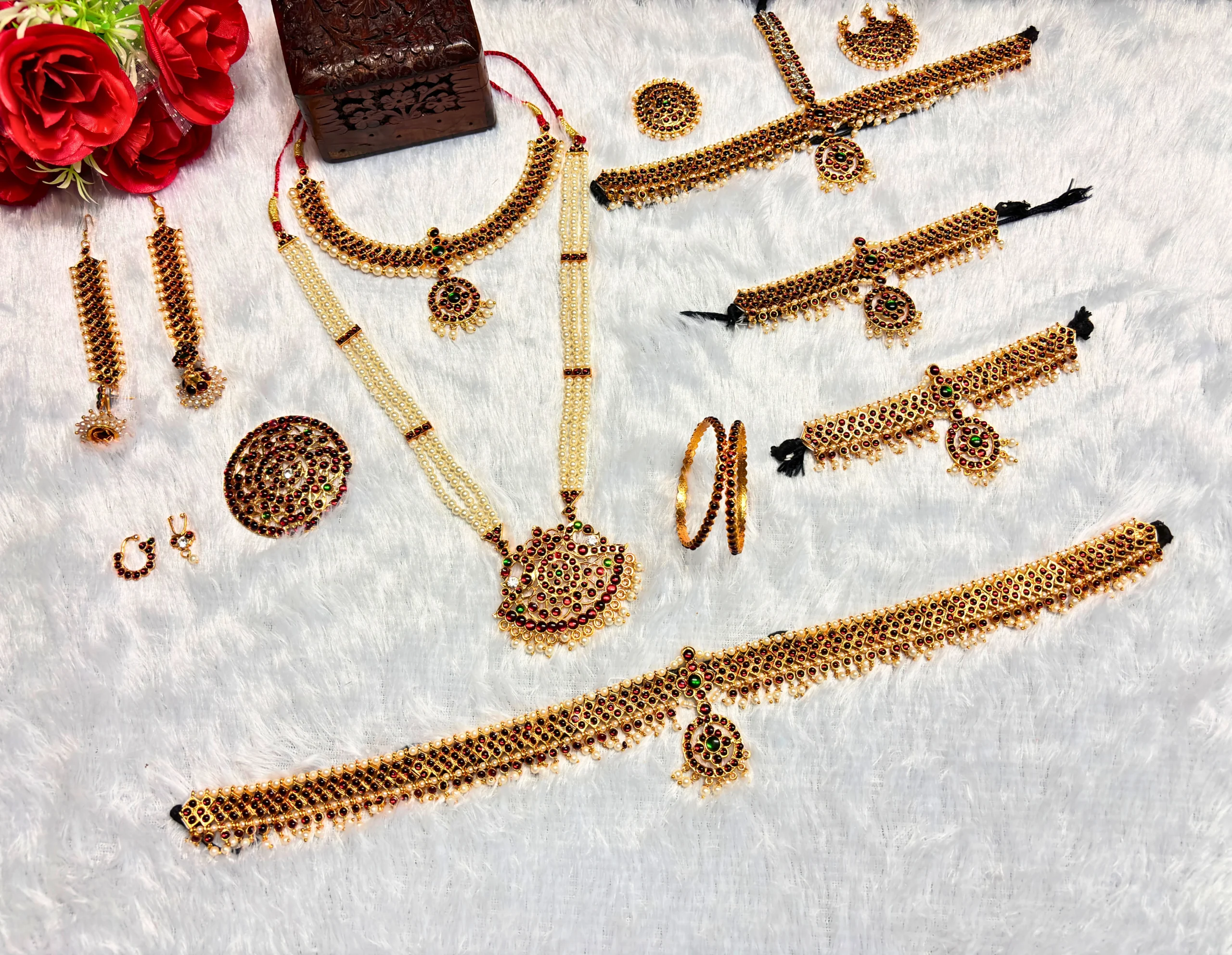 Kasim Jewellers Multicolour Complete Set Bharatanatyam Jewellery with All The 10 Separate Ornaments Made with Green and Red KempStones for Women -SKU-KJ702BDJ