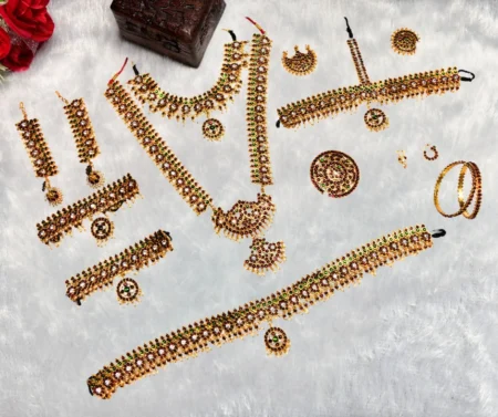 Kasim Jewellers Multicolour Complete Set Bharatanatyam Jewellery with All The 10 Separate Ornaments Made with Green and Red KempStones for Women -SKU-KJ700BDJ