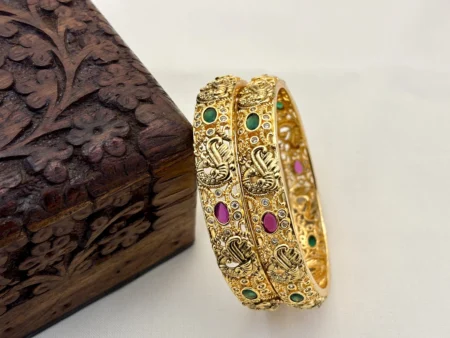 Matte Gold Traditional Peacock Design with Stone Brass Make Bangles-Kasimjewellers