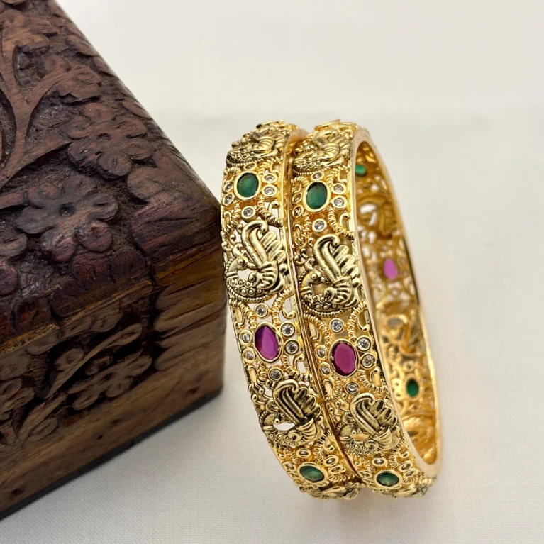 Matte Gold Traditional Peacock Design with Stone Brass Make Bangles-Kasimjewellers