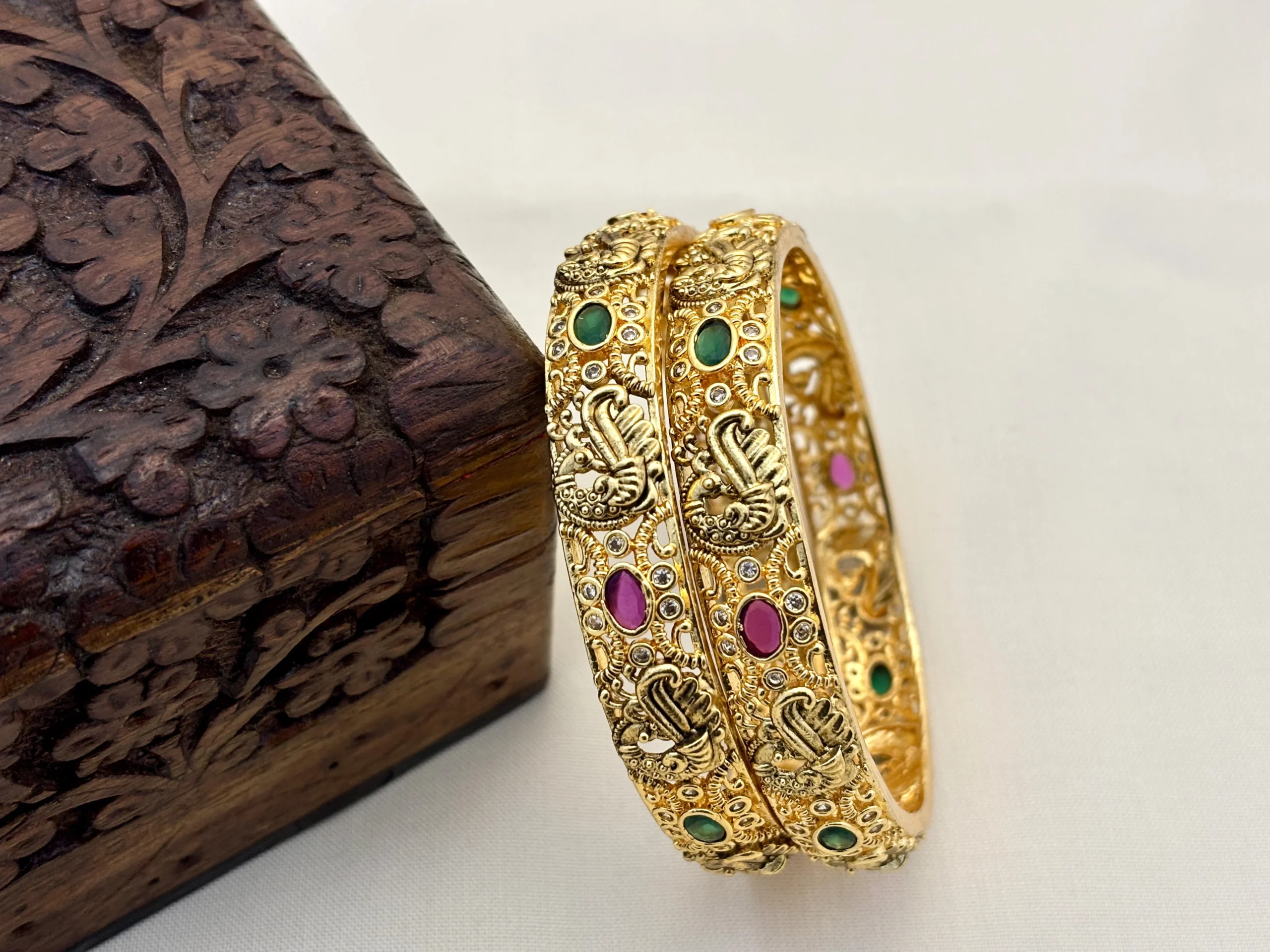 Matte Gold Traditional Peacock Design with Stone Brass Make Bangles-Kasimjewellers