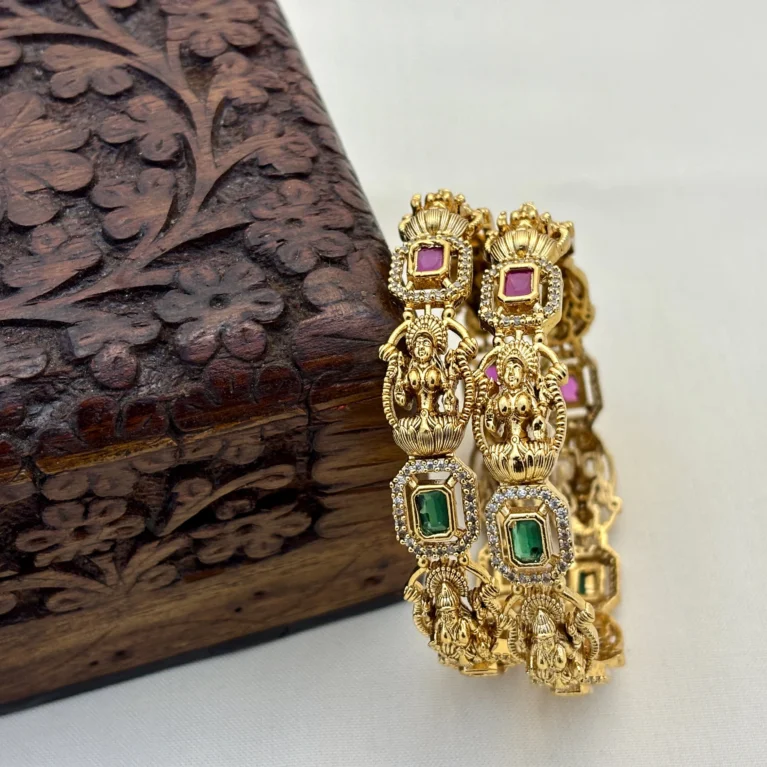 Matte Gold Traditional Laxmi Design with Cz Stone Brass Make Bangles-KasimJewellers