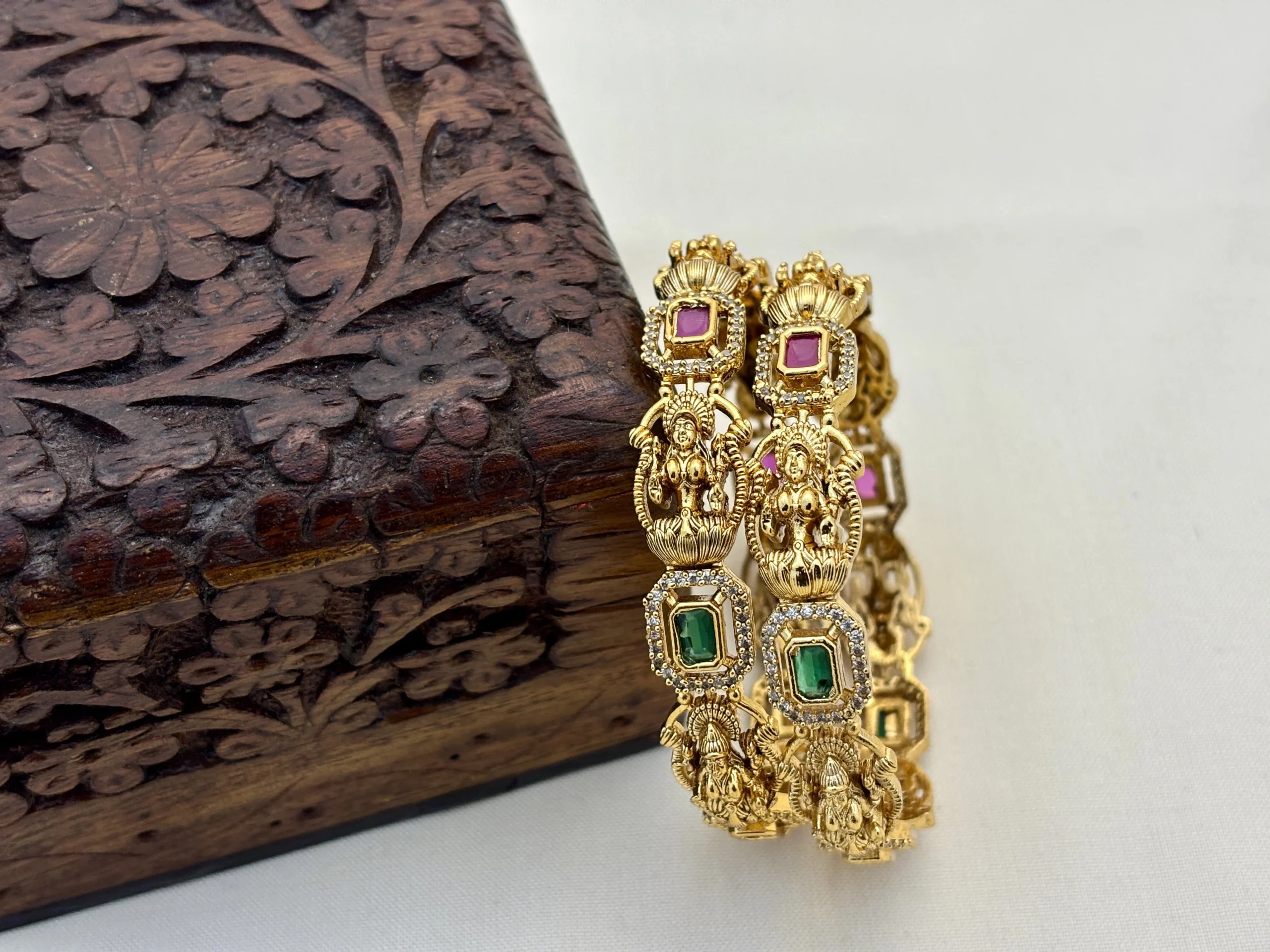 Matte Gold Traditional Laxmi Design with Cz Stone Brass Make Bangles-KasimJewellers