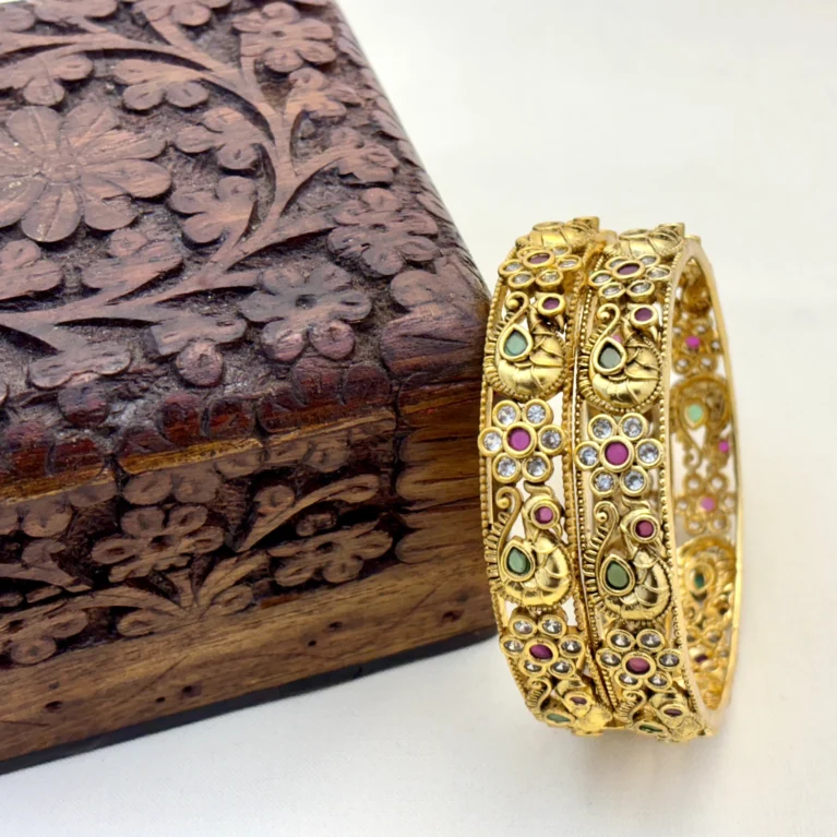 Matte Gold Traditional Peacock Design with American Diamond Brass Make Bangles – Kasim Jewellers