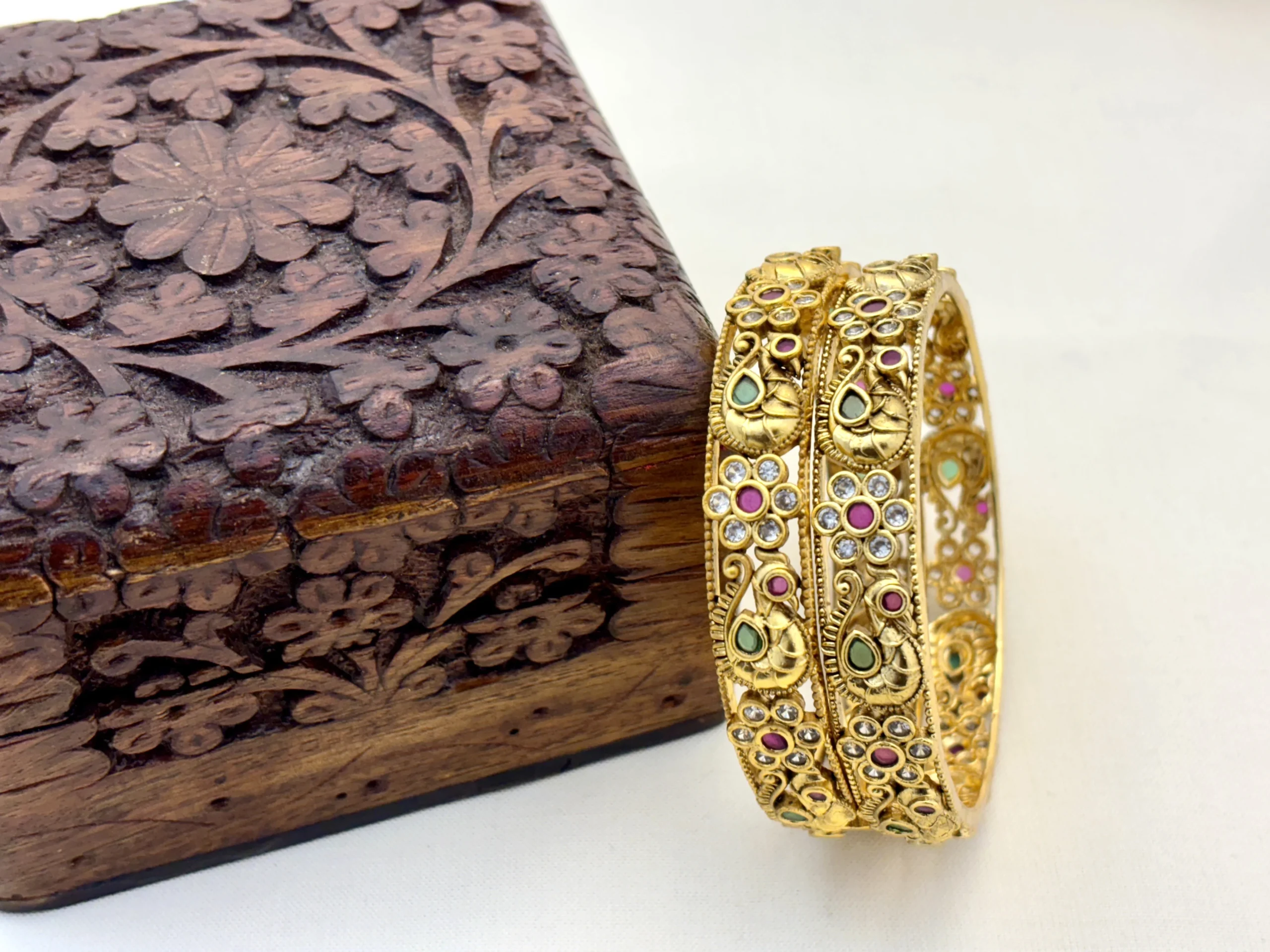 Matte Gold Traditional Peacock Design with American Diamond Brass Make Bangles – Kasim Jewellers