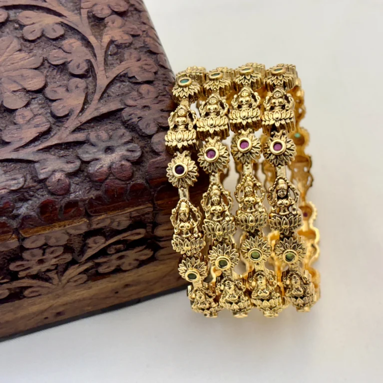 Matte Gold Traditional Laxmi Design with Stone Brass 4 Bangles – Kasim Jewellers