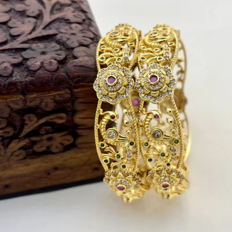 High Gold Traditional Peacock Floral Design with CZ Stone Brass Bangles – Kasim Jewellers