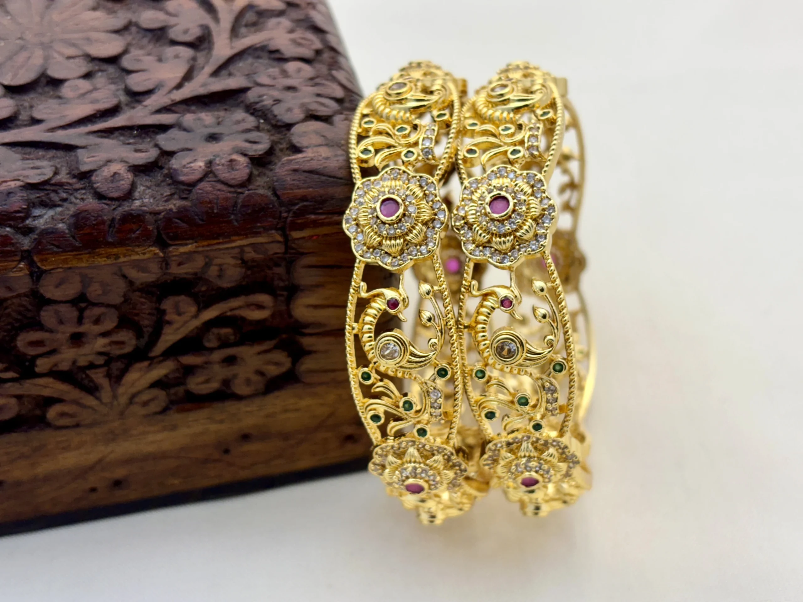 High Gold Traditional Peacock Floral Design with CZ Stone Brass Bangles – Kasim Jewellers