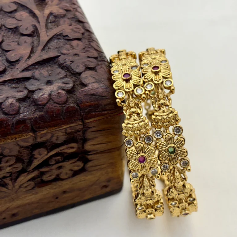Matte Gold Traditional Laxmi Flower Design with AD Stone Brass Bangles – Kasim Jewellers