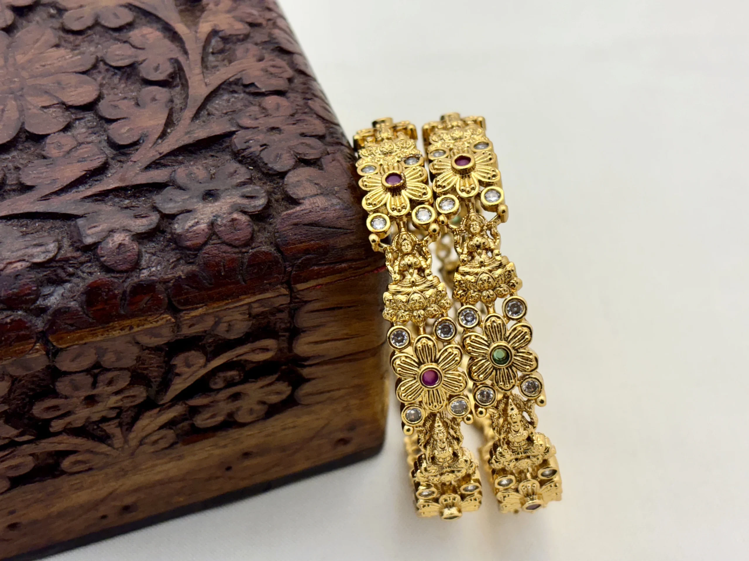 Matte Gold Traditional Laxmi Flower Design with AD Stone Brass Bangles – Kasim Jewellers