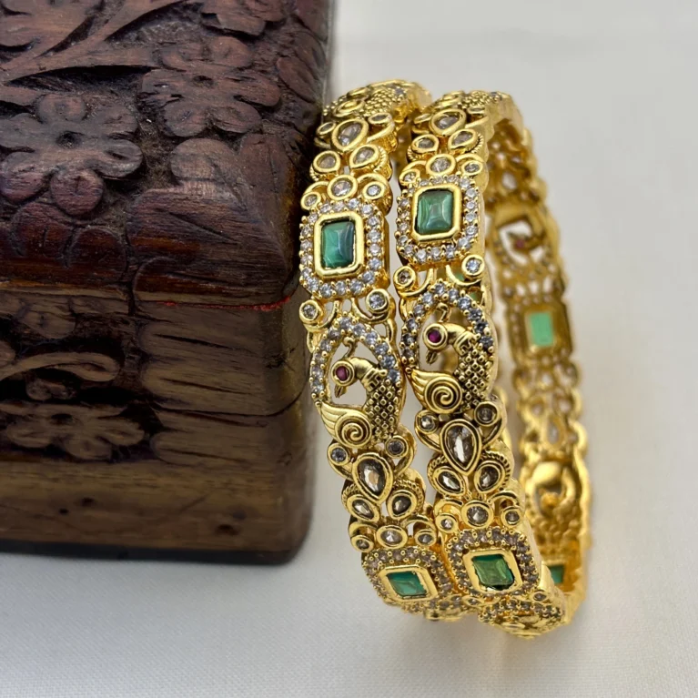 Matte Gold Traditional Peacock Design with CZ and Kundan Stone Brass Bangles – Kasim Jewellers