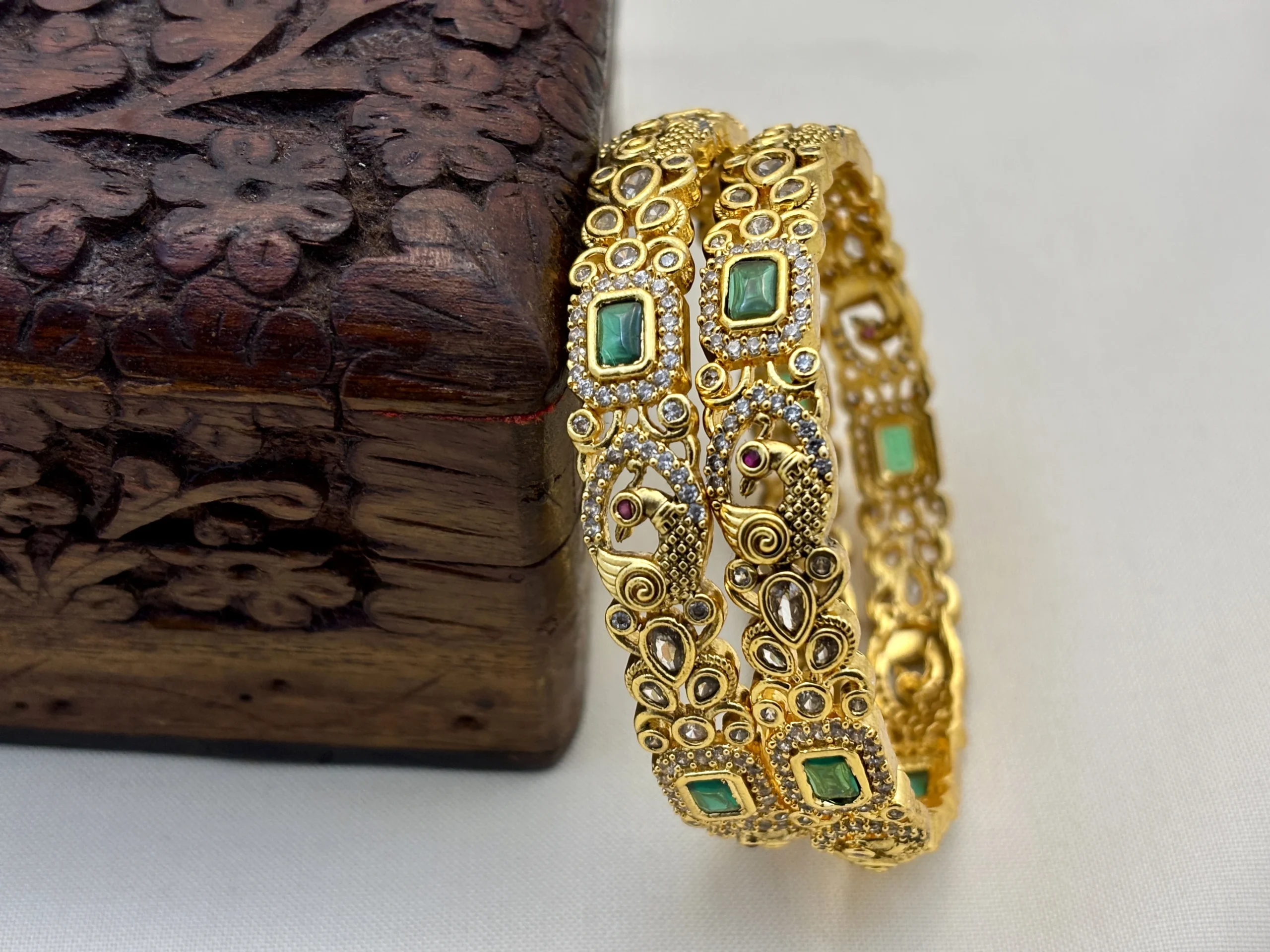 Matte Gold Traditional Peacock Design with CZ and Kundan Stone Brass Bangles – Kasim Jewellers