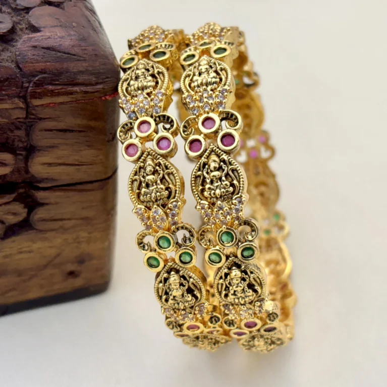 Matte Gold Traditional Laxmi Design with American Diamond Stone Brass Make Bangles – Kasim Jewellers