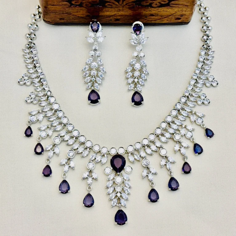 American Diamond with Rhodium Silver Plating Necklace Set - Purple