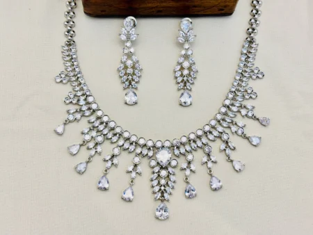 American Diamond with Rhodium Silver Plating Necklace Set - White