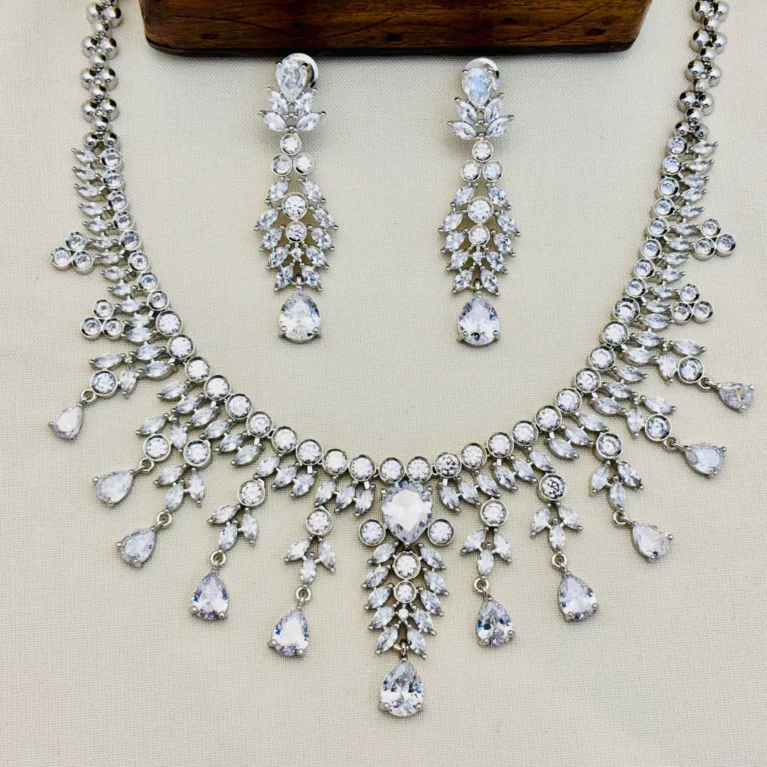 American Diamond with Rhodium Silver Plating Necklace Set - White