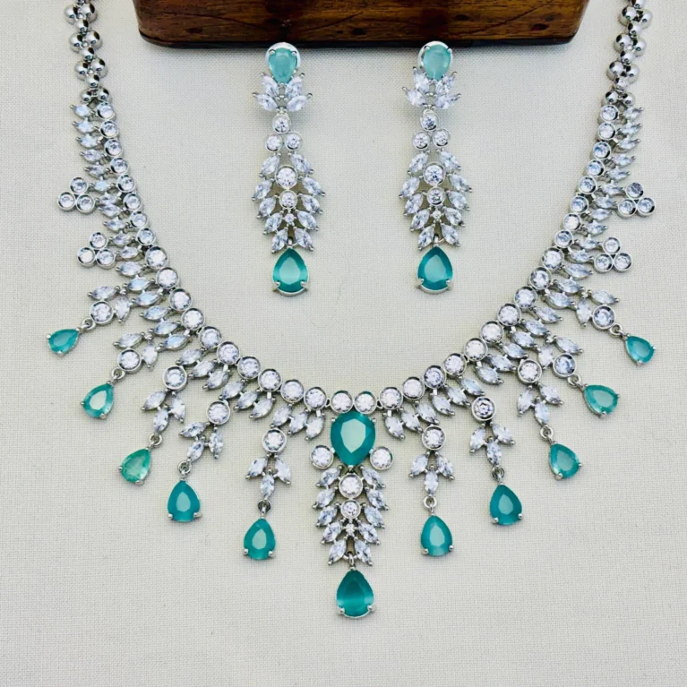 American Diamond Rhodium Silver Plated Necklace Set – Mint Green | Elegant CZ Necklace for Women