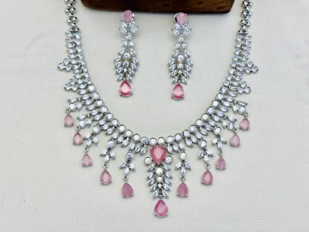 American Diamond Rhodium Silver Plated Necklace Set – Pink | Elegant CZ Necklace for Women