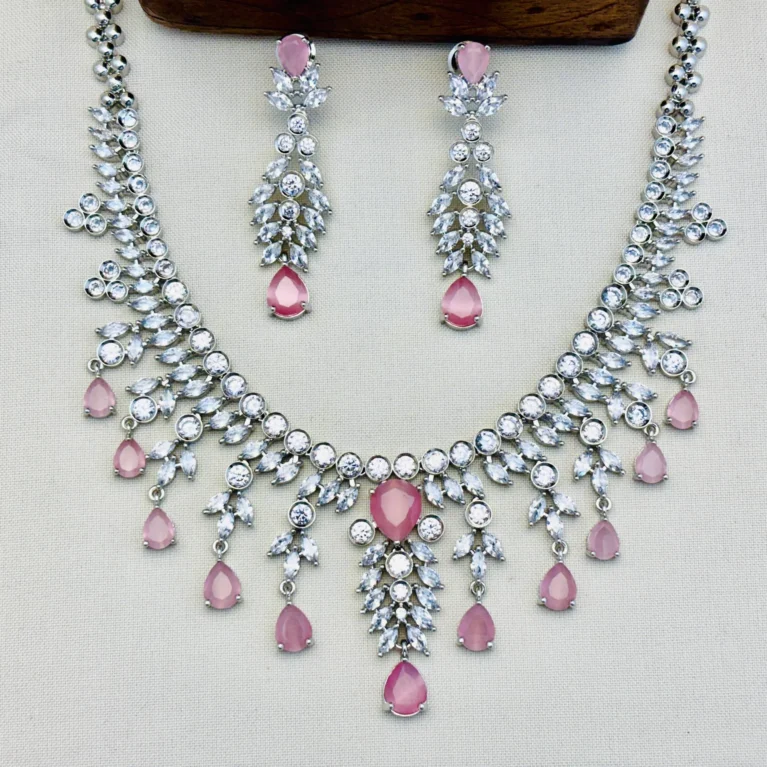 American Diamond Rhodium Silver Plated Necklace Set – Pink | Elegant CZ Necklace for Women