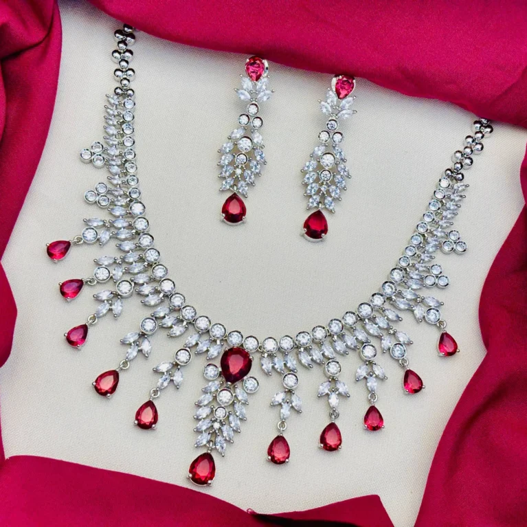 American Diamond Rhodium Silver Plated Necklace Set – White with Red Wine Stone Accents | Elegant CZ Necklace for Women