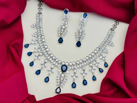 American Diamond Rhodium Silver Plated Necklace Set – White with Navy Blue Stone Accents | Elegant CZ Necklace for Women
