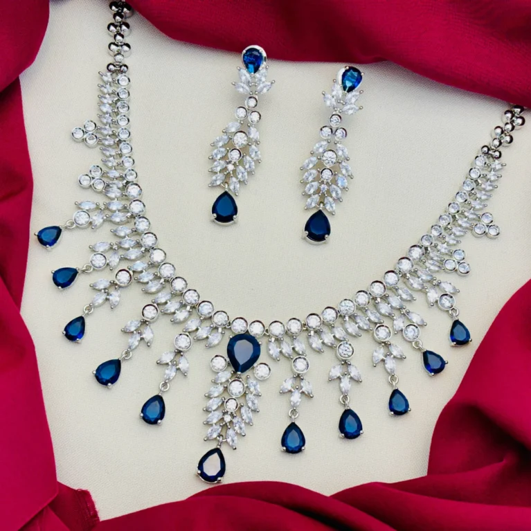 American Diamond Rhodium Silver Plated Necklace Set – White with Navy Blue Stone Accents | Elegant CZ Necklace for Women