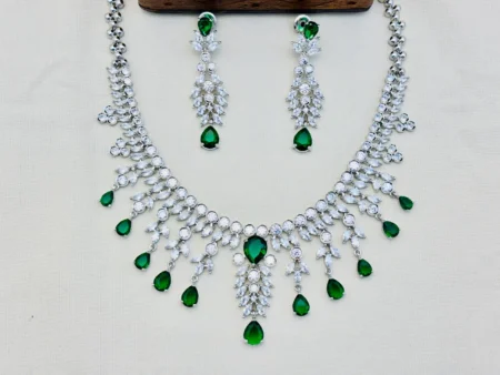 American Diamond Rhodium Silver Plated Necklace Set – White with Green Stone Accents | Elegant CZ Necklace for Women