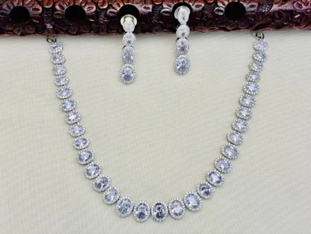 American Diamond Rhodium Silver Plated Simple White Stone Necklace Set | Elegant Minimalist CZ Jewelry for Women