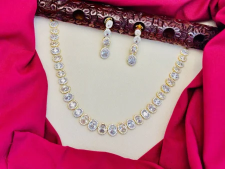 American Diamond Dual Tone Plated Single Line White Stone Necklace Set