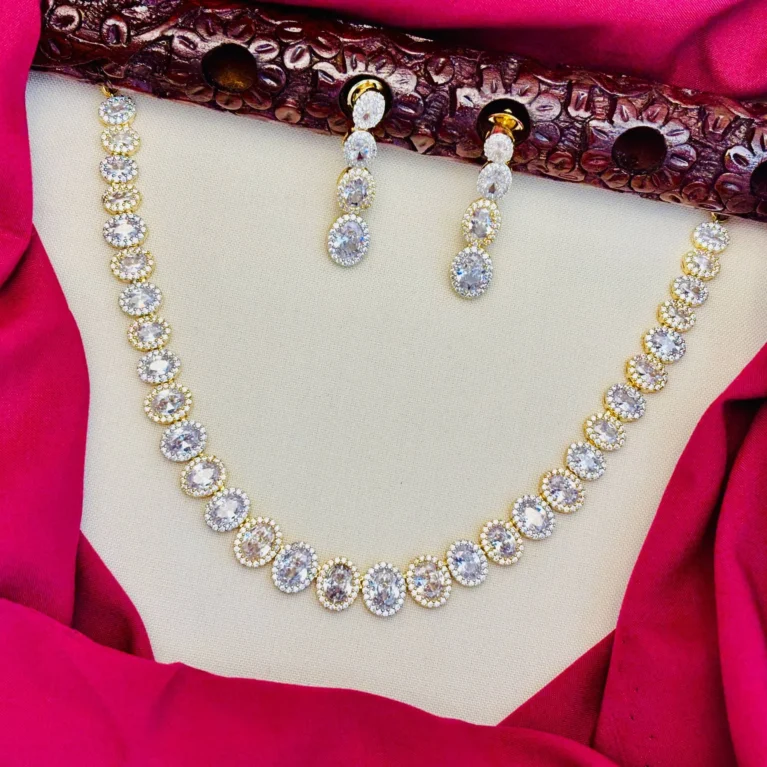 American Diamond Dual Tone Plated Single Line White Stone Necklace Set