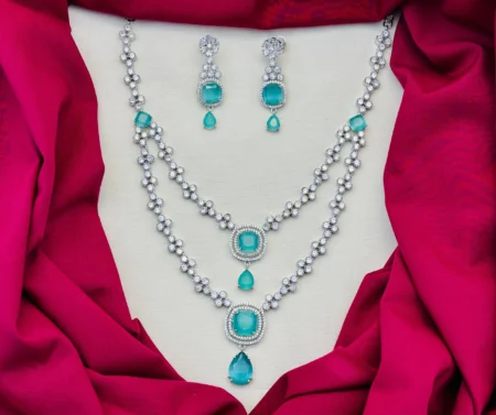 American Diamond Rhodium Silver Plated Two-Layered White and Turquoise Stone Necklace Set