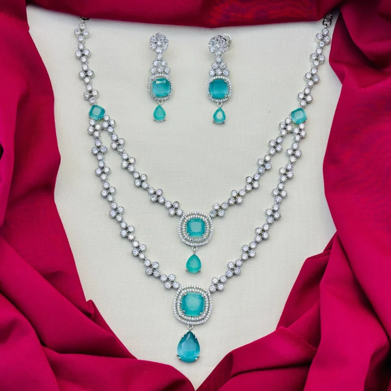 American Diamond Rhodium Silver Plated Two-Layered White and Turquoise Stone Necklace Set