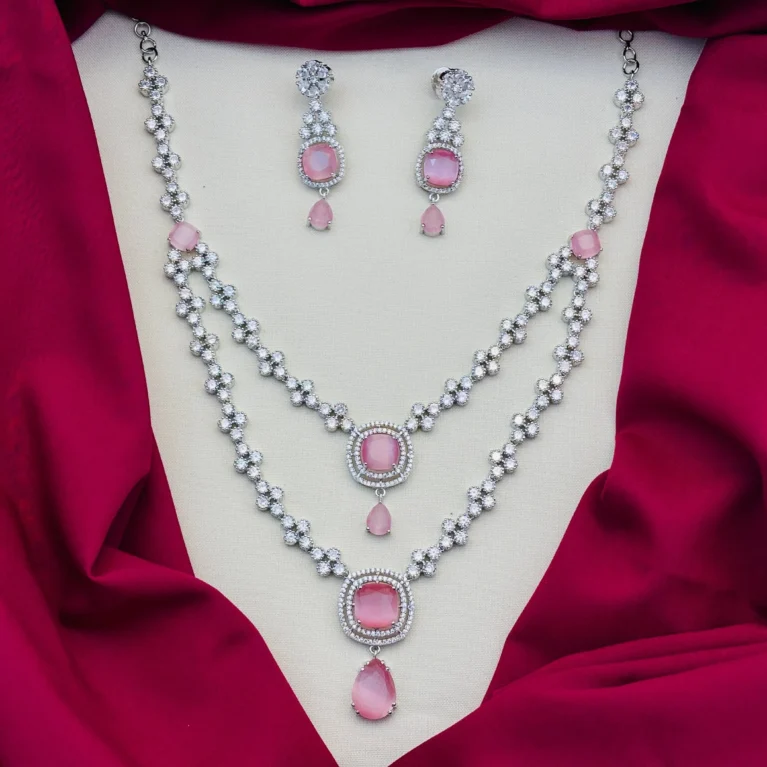 American Diamond Rhodium Silver Plated Two-Layered White and Pink Stone Necklace Set