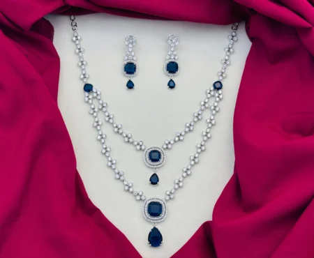 American Diamond Rhodium Silver Plated Two-Layered White and Navy Blue Stone Necklace Set