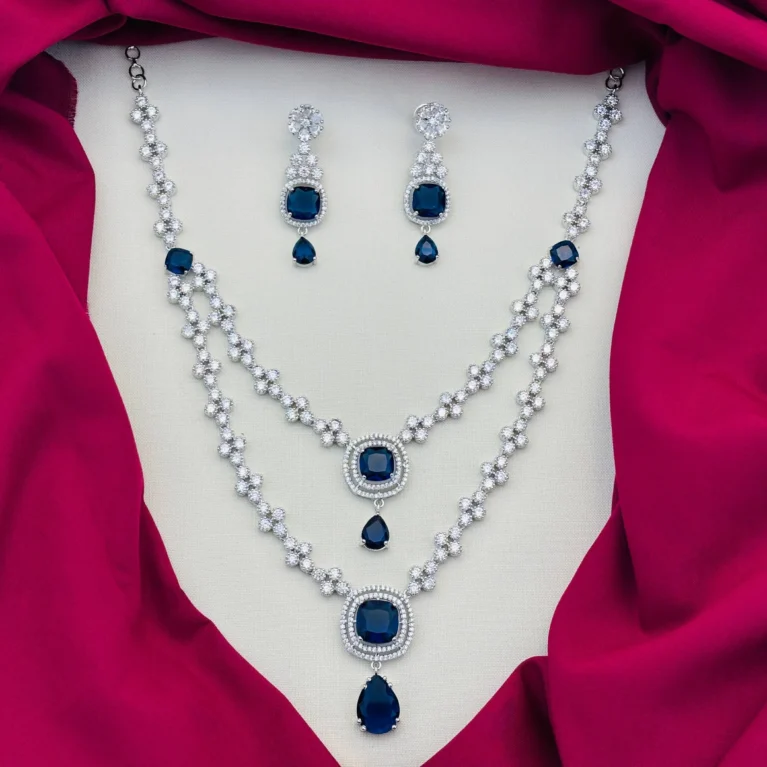 American Diamond Rhodium Silver Plated Two-Layered White and Navy Blue Stone Necklace Set