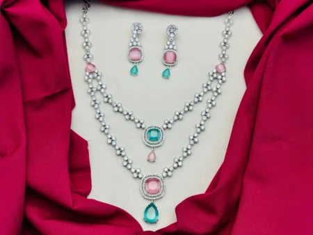 American Diamond Rhodium Silver Plated Two-Layered White, Mint Green, and Pink Stone Necklace Set