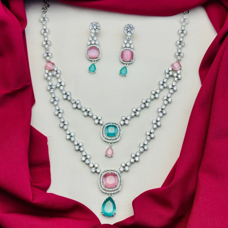 American Diamond Rhodium Silver Plated Two-Layered White, Mint Green, and Pink Stone Necklace Set