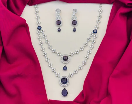 American Diamond Rhodium Silver Plated Two-Layered White and Purple Stone Necklace Set