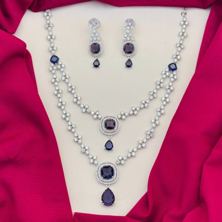 American Diamond Rhodium Silver Plated Two-Layered White and Purple Stone Necklace Set