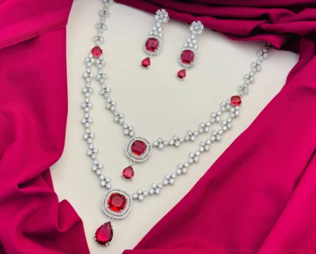 American Diamond Rhodium Silver Plated Two-Layered White and Wine Red Stone Necklace Set