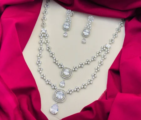 American Diamond Rhodium Silver Plated Two-Layered White Stone Necklace Set