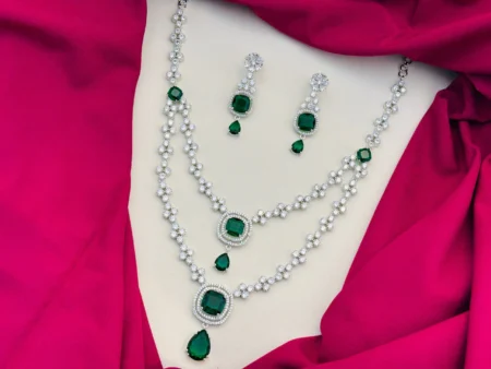 American Diamond Rhodium Silver Plated Two-Layered Green Stone Necklace Set