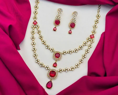 American Diamond Victorian Finish Two-Layered Red Stone Necklace Set