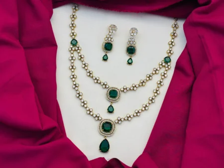American Diamond Victorian Finish Two-Layered Green Stone Necklace Set