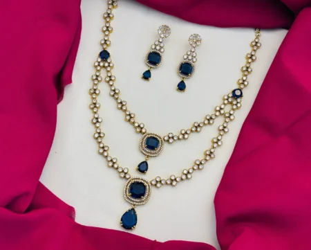 American Diamond Victorian Finish Two-Layered Navy Blue Stone Necklace Set